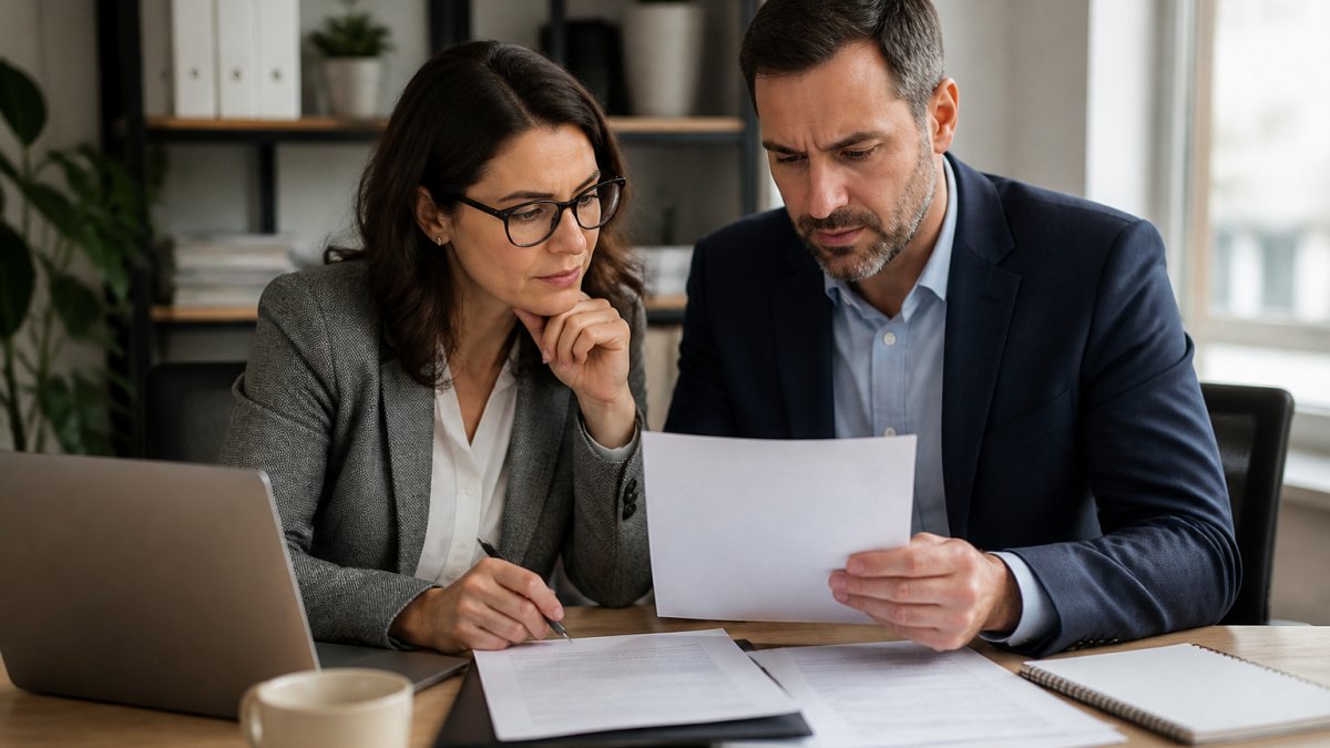 A payroll administrator and a consultant reviewing a printed checklist at a desk with a laptop showing payroll records, papers and a coffee mug nearby in a bright office