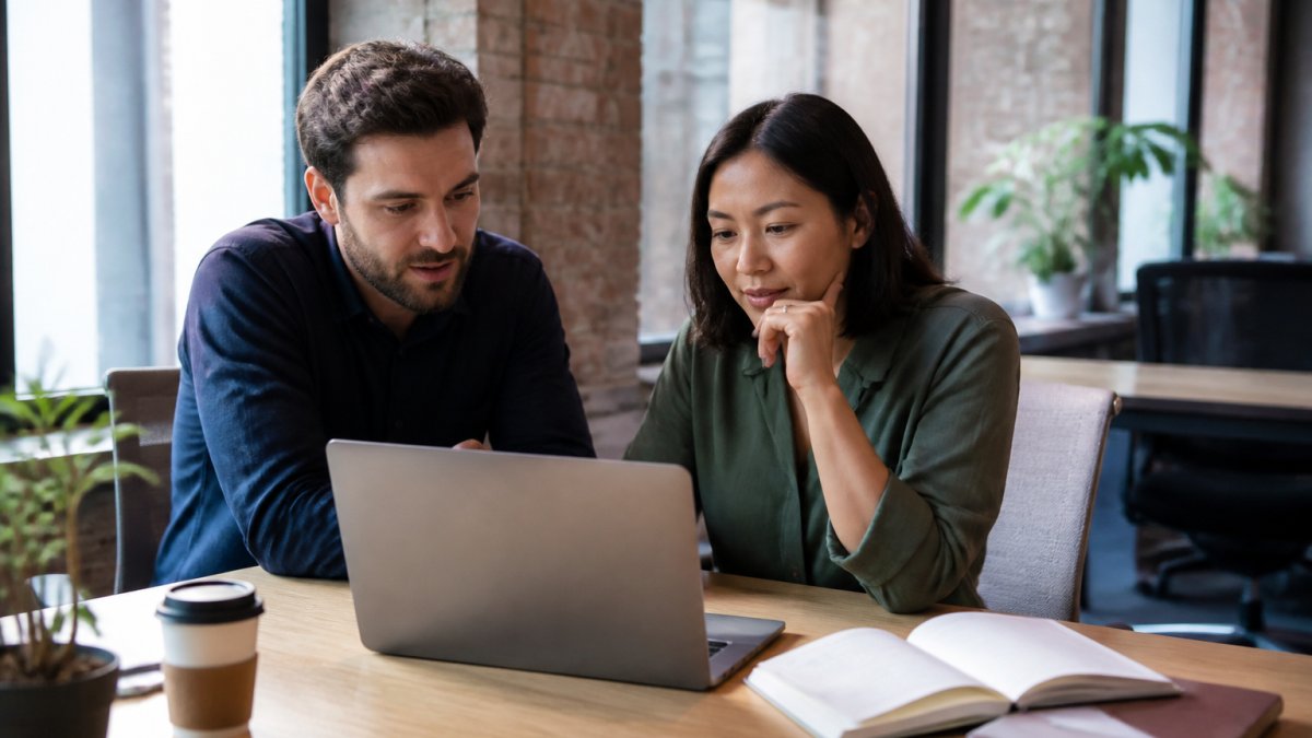 Two startup founders reviewing payroll options on a laptop at a shared desk, with a notebook and coffee nearby, natural window light