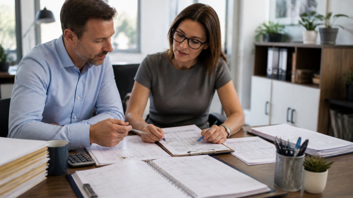 Business owner and specialist reviewing reports for expert payroll support on a laptop in a bright office.