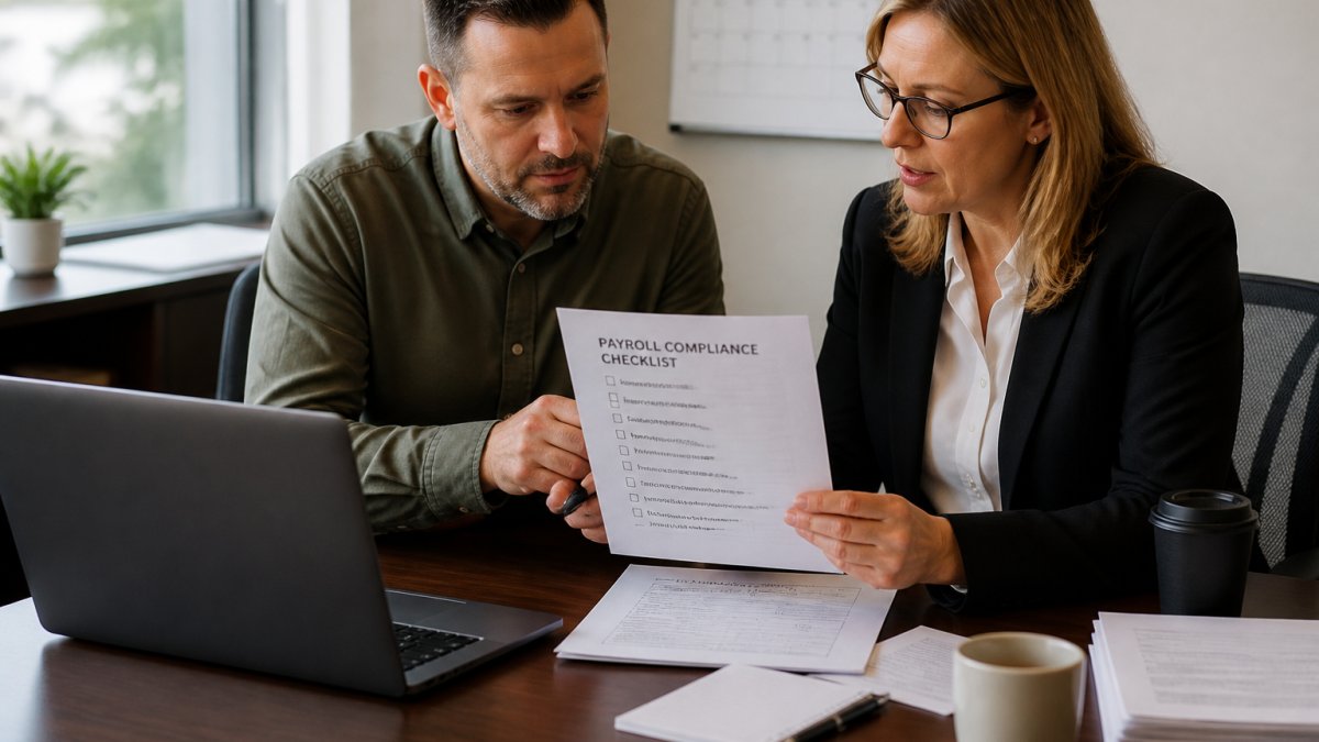 A small business owner and an accountant reviewing a printed payroll checklist at a desk, laptop open to a CRA online account, coffee cups and a wall calendar visible, soft afternoon light