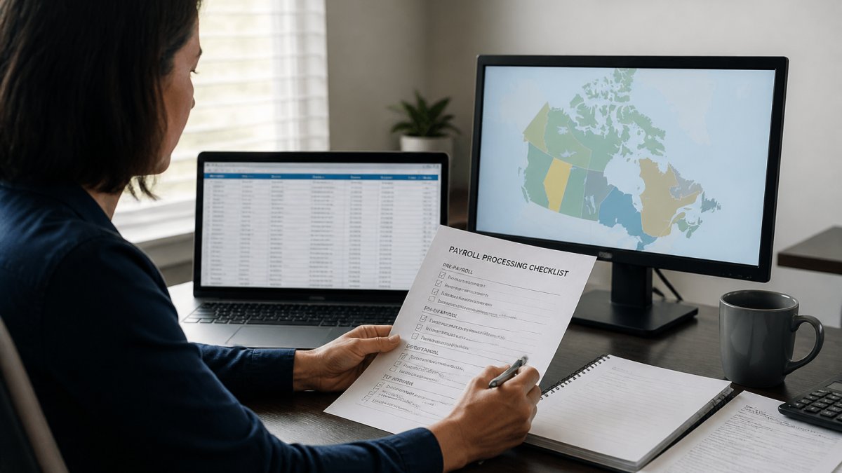 A payroll administrator at a desk reviewing a printed checklist beside a laptop showing payroll software, with a map of Canada visible on a second monitor