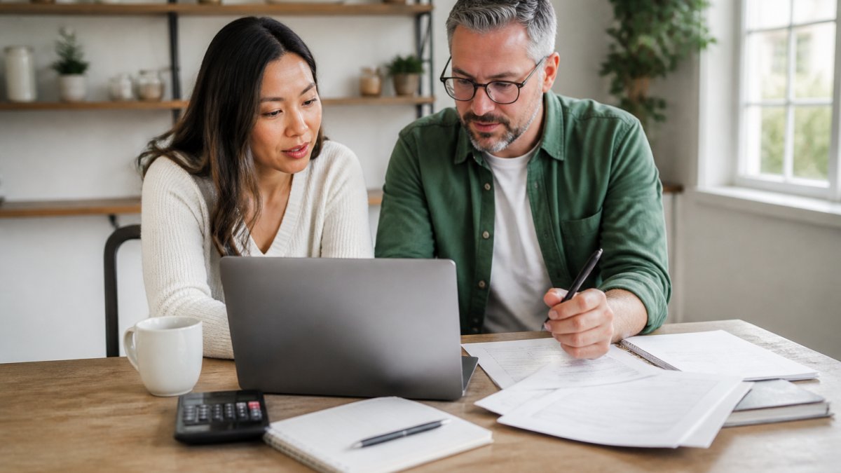 A startup founder and an accountant reviewing CRA payroll registration documents on a laptop in a bright home office, with a calculator and coffee mug on the desk