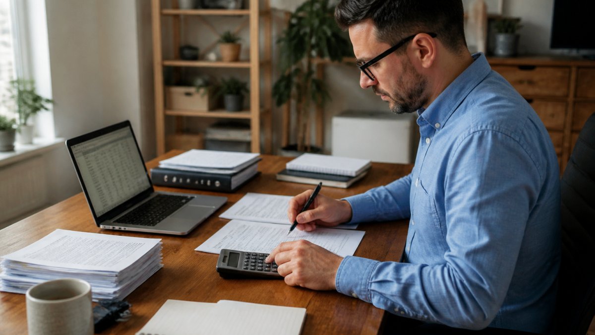 A business owner at a desk reviewing payroll documents and a calculator, with a laptop showing a spreadsheet, in a bright home office